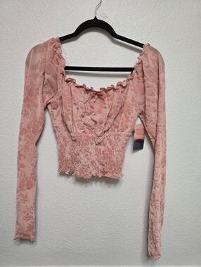 Whimsigoth Pink Smocked Bodice Velvet Burnout Crop Top Fairy Grunge Long Sleeve